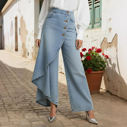 👖 50% RABATT NU! 🌀 Asymmetrisk Wrap Denim Kjolbyxor – Högmidjad, Vida Ben & Dekorativ Knapprad ✨