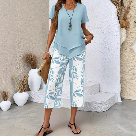 👗60% RABATT NU! 🌿 Casual Rund Hals Layered Tunika & Vida Byxor Set – Asymmetrisk Fåll, Mönstrade Byxor & Andningsbar ✨