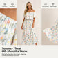 👗 50% RABATT NU! 🌸 Tryckt Off-Shoulder Kortärmad Maxiklänning – Blommönster, Rynkad Liv & Dolda Fickor För En Avslappnad Elegans ✨