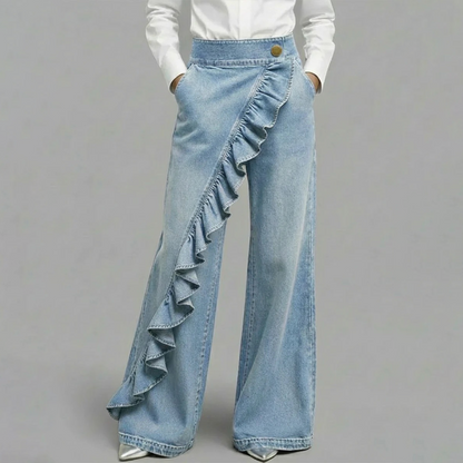 👖✨ Högmidjade vida denimbyxor med volang