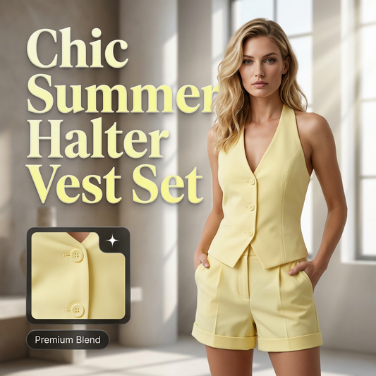 👗 50% RABATT NU! ☀️ Halter Vest & Shorts 2-Delat Set – Chic Sommarstil, V-ring & Veckad Design – Ansträngningslös Semesterlook 🏖️