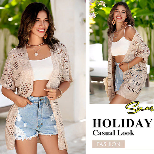 👚 50% RABATT NU! Kortärmad open‑front stickad cardigan – pointelletrikå, andningsbar & lätt – perfekt för sommaren, övergångsperioder och semester ☀️✨