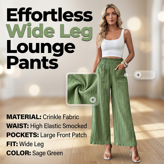👖🌿 Dam Casual Enfärgad Löstsittande Byxor – Hög Midja Wide Leg & Skrynklig Textur – Bekväma Lounge Byxor ✨