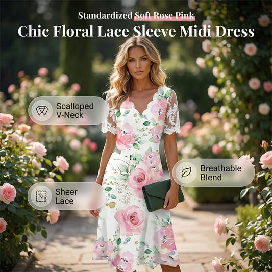 👗🌸 Blommig A-linjeklänning med spetsärmar och V-hals