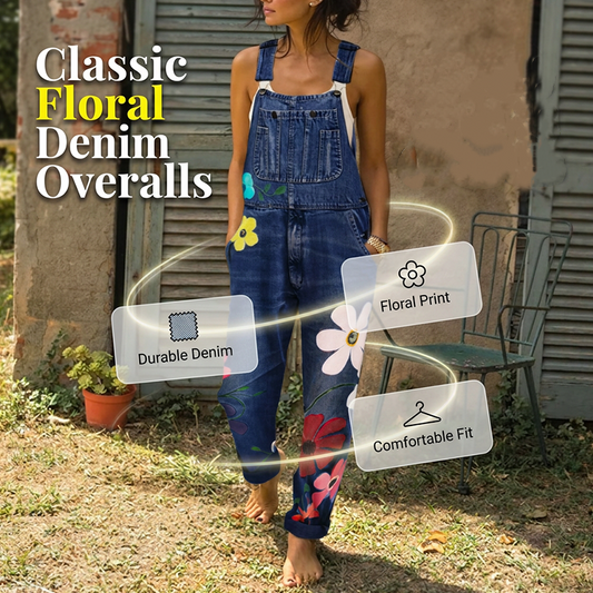 🌸👖Bekväma avslappnade klassiska blommönstrade denimoveraller för sommaren