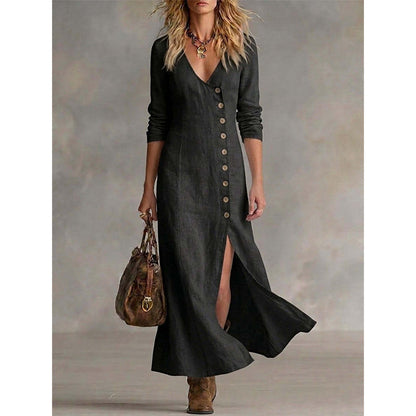 👗🌸 Elegant vintage maxiklänning med asymmetrisk knapp och hög slits