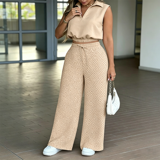 ✨ Damer Tvådelars Lounge Set – Krage Crop Top & Vida Byxor – Dragsko & Andningsbar – Chic Casual Outfit 👖