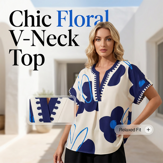 🌸👚 Chic blommig V-ringad topp med delad halsringning