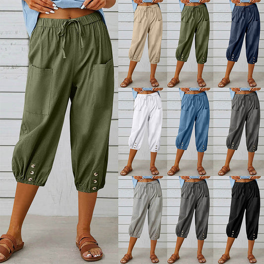 👖🌬️ Avslappnade capribyxor med dragsko och fickor