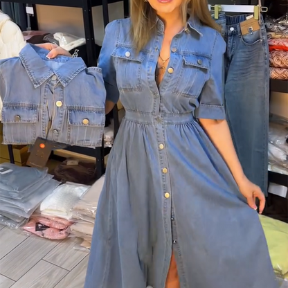 👗👖 Slim-fit denimklänning med krage och fickor