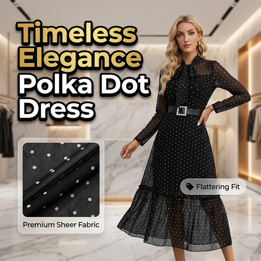 👗✨ Polka Dot Tie-Neck Midi Klänning – Pärlbälte & A-linje – Elegant Vintage Festklänning 🥂