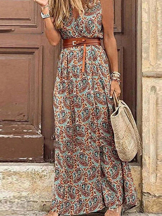 👗🌸 Bohemisk lång A-linjeklänning med paisley och wrap