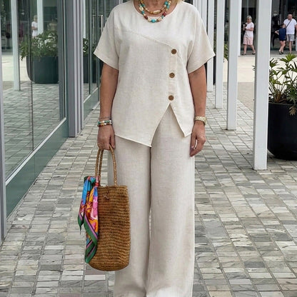 🌸Set med elegant topp med knappdetaljer och byxor med vida ben