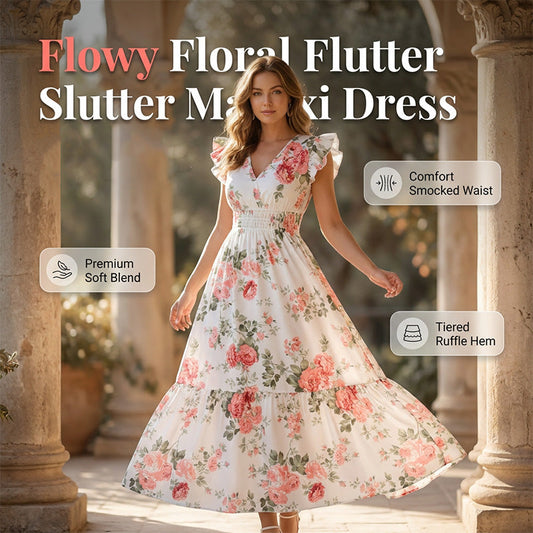 👗🌸 Flödande blommig maxiklänning med V-ringning och fladdrande ärmar