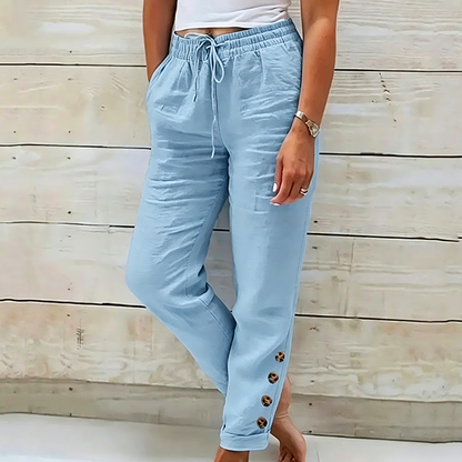 👖🌸 Avslappnade byxor med dragsko, fickor och knappar