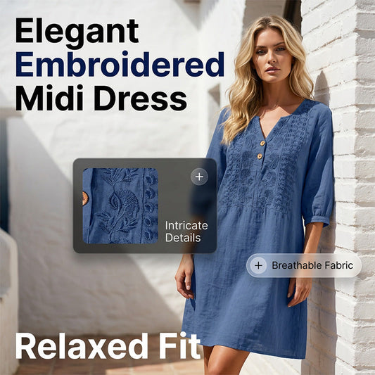 👗🌸 Elegant broderad midiklänning med V-ringning