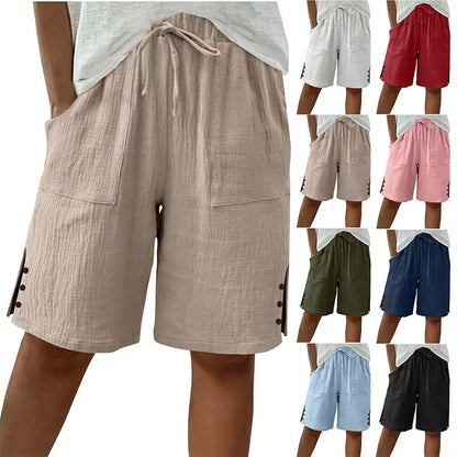 🔥Sommartrender: shorts i bomull och linne med dragsko och knappar på sidorna