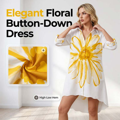 👗🌸 Elegant blommig skjortklänning med hög-lå fåll