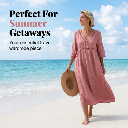 👗🌬️ Elegant avslappnad V-ringad sommarklänning med genombruten kant