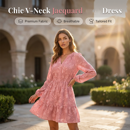 👗🌸 Elegant V-ringad jacquardklänning med långa ärmar och insvängd midja