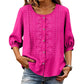👕🌸 Broderad bomull-linne blus med knappar och 3/4-ärmar