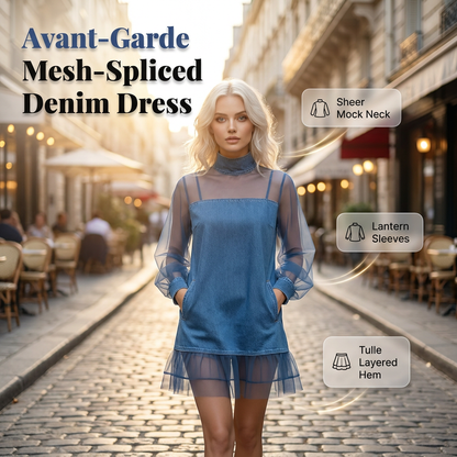 👗✨ Avantgardistisk denimklänning med mesh och tyll