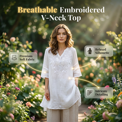 👕🌸 Broderad V-ringad topp med 3/4-ärmar