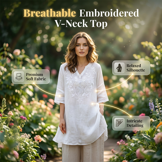 👕🌸 Broderad V-ringad topp med 3/4-ärmar