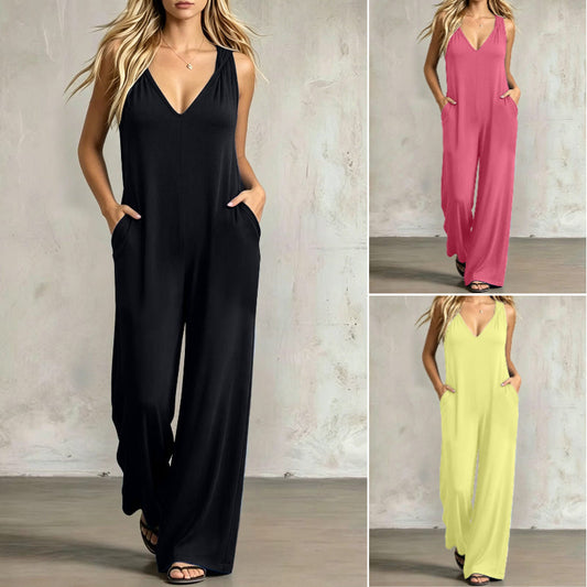 🌿 Bekväm sommarjumpsuit med V-hals, huva och vida ben