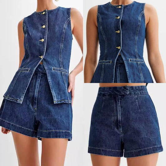 👖👕 Högmidjat denimset med ärmlös topp