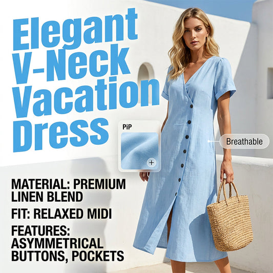👗🌸 Elegant V-ringad linneklänning med asymmetriska knappar
