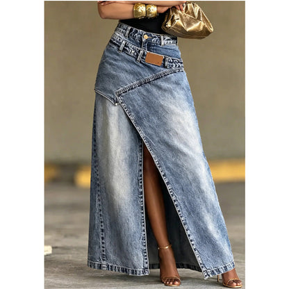 👗✨ Asymmetrisk lager denim maxikjol med slits
