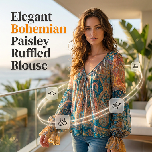 🌸 Bohemisk paisleyblus med volangärmar och V-hals