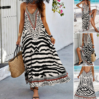 🐆🌸 Djärv maxiklänning med djurprint, V-hals och spagettiband