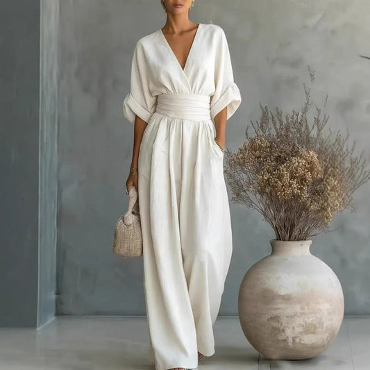 Ny kollektion🛍️Jumpsuit för damer med V-ringning, hög midja och vida ben