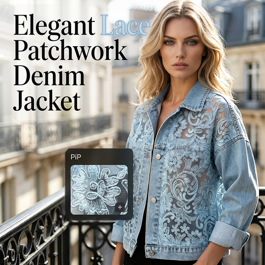 🌸 Elegant denimjacka med blommiga spetspaneler