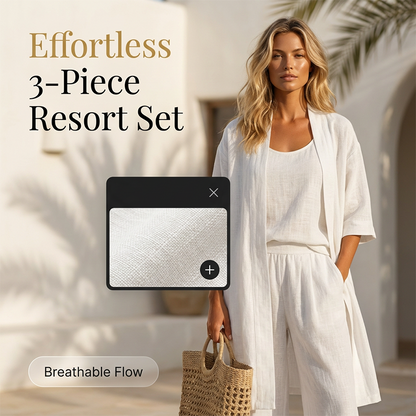 👗🌴 3-delat resort lounge set med linne och vida ben