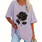 🌹 Avslappnad V-ringad rosprint T-shirt för plus size
