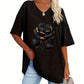 🌹 Avslappnad V-ringad rosprint T-shirt för plus size