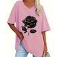 🌹 Avslappnad V-ringad rosprint T-shirt för plus size