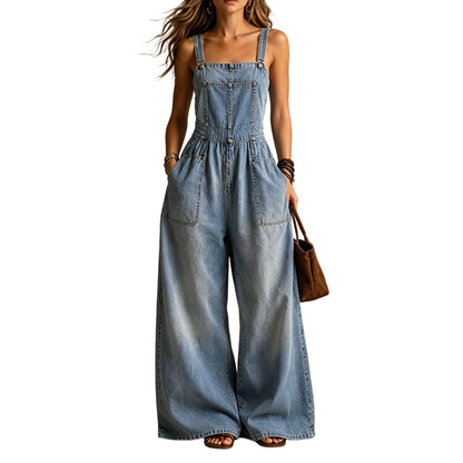 👖✨ Avslappnad vintage jeansoverall med vida ben och fickor