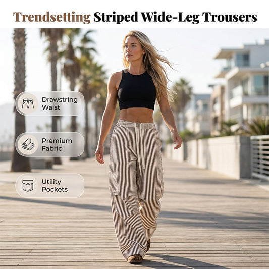 👖✨ Avslappnade randiga cargo byxor med vida ben