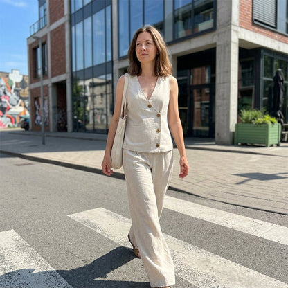 👚👖 Elegant semesterset med väst, asymmetrisk knapp och vida ben