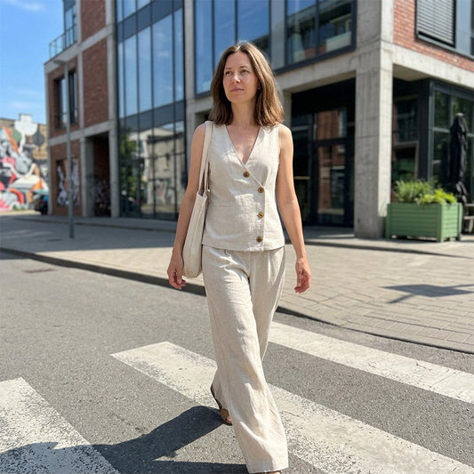 👚👖 Elegant semesterset med väst, asymmetrisk knapp och vida ben
