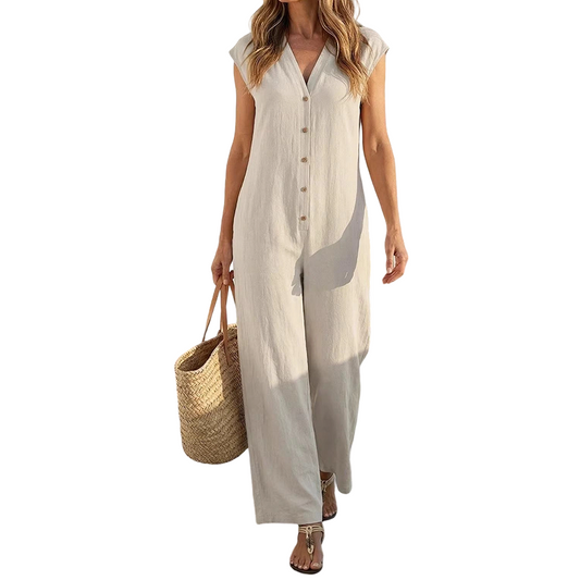 ✨ Ärmlös V-ringad jumpsuit med knappar