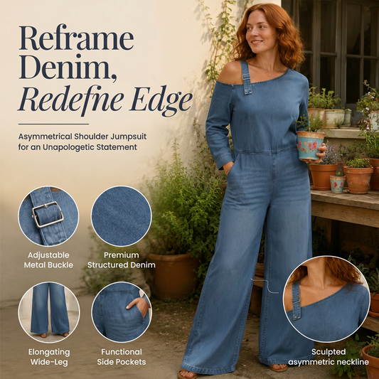 Asymmetrisk jumpsuit i denim med bar axel för damer