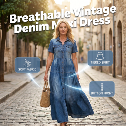 👗✨ Klassisk knapp-front denim maxiklänning