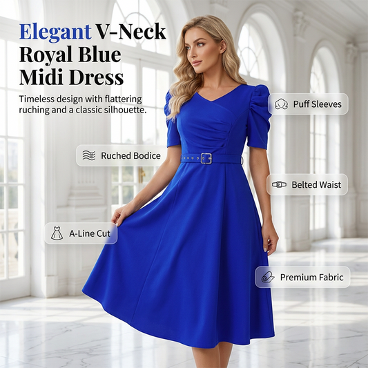 Women's Elegant V-Neck Solid Color Midi Dress