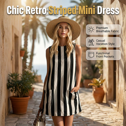 👗🌸 Chic retro-randig ärmlös miniklänning