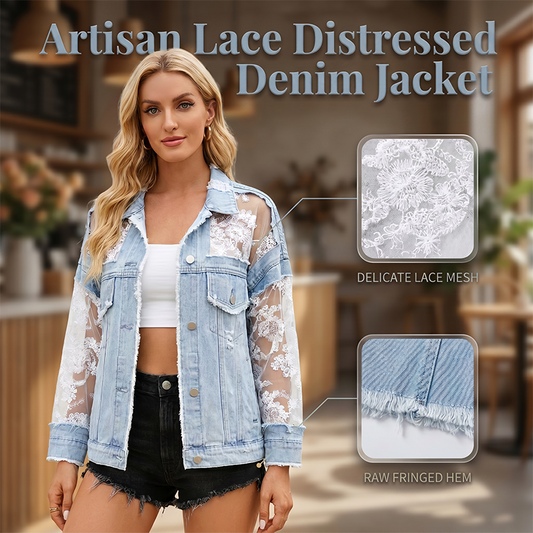 🌸 Handgjord blommig mesh denimjacka